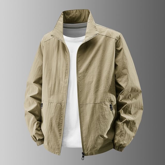 Ninine-Stand Collar Plain Zip Jacket