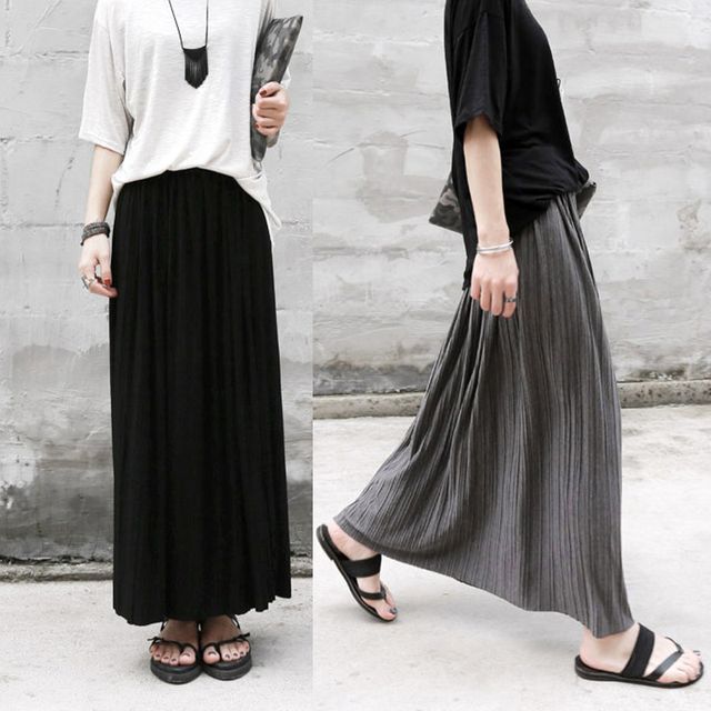Dragan Pulse-Elastic Waist Plain Pleated Maxi A-Line Skirt
