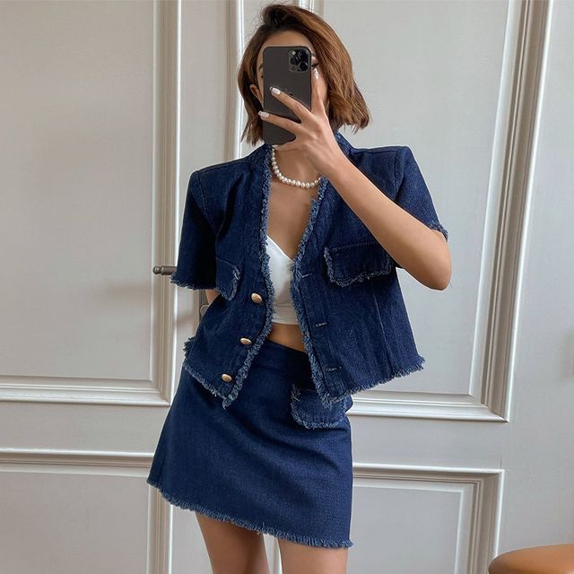LIPHOP Denim Set Fringed Jacket + Flap Miniskirt YesStyle