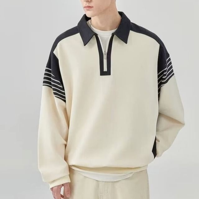 Urtishia-Two Tone Striped Half-Zip Polo Sweatshirt