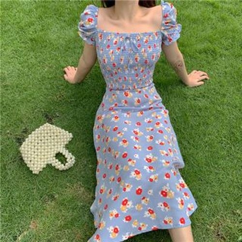 Floral Print Square-Neck Puff-Sleeve 