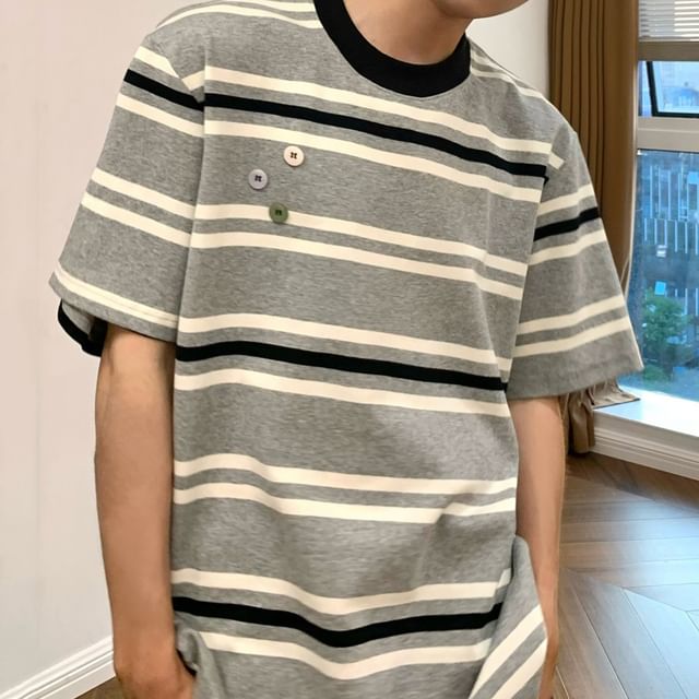 Adothuiastic-Elbow-Sleeve Crew Neck Striped Button Accent T-Shirt