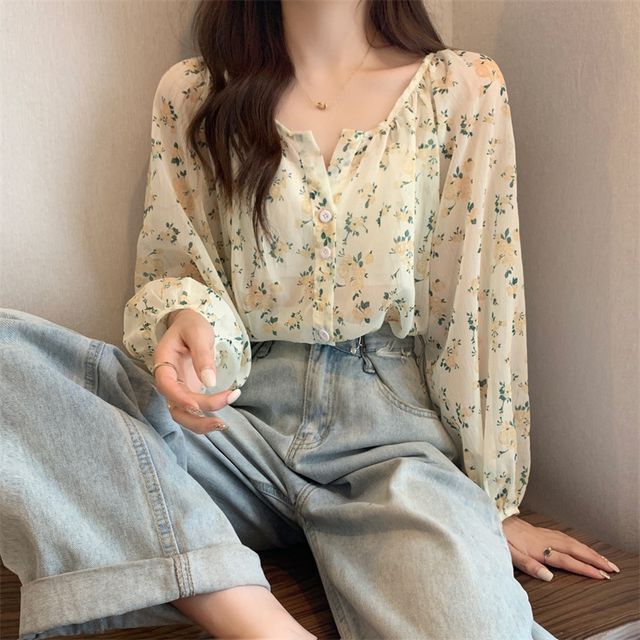 Yihaojia Women's Floral Blouse - Casual Long Sleeve Loose V-Neck Tunic Top