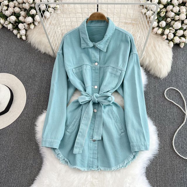 champagne dress for wedding Western Style Women's Denim with Fringe Button Up Mini Dress Tan / S