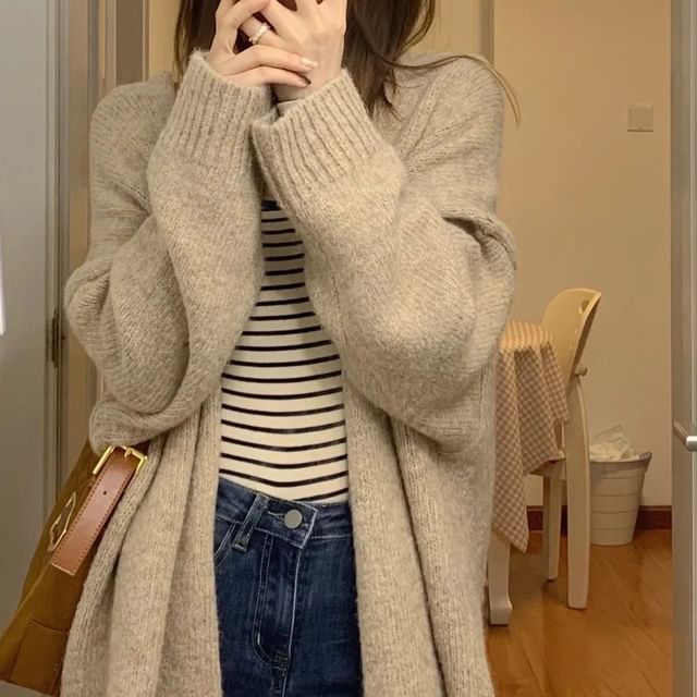 Yako-Plain Midi Open Front Cardigan