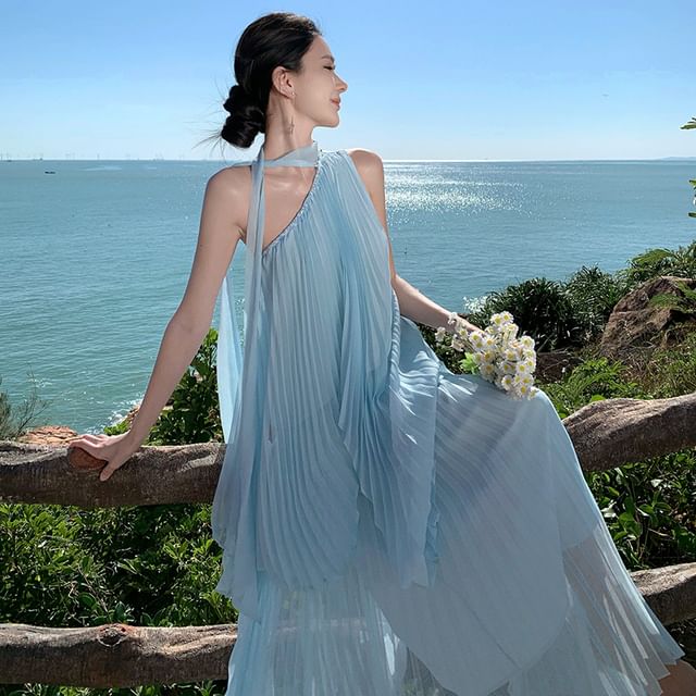 JIYON-Set Sleeveless One Shoulder Plain Pleated Top Mid Waist Plain Midi Pleated A-Line Skirt