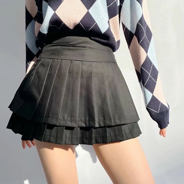 Avauntgardo - High Waist Layered Pleated Mini A-Line Skirt