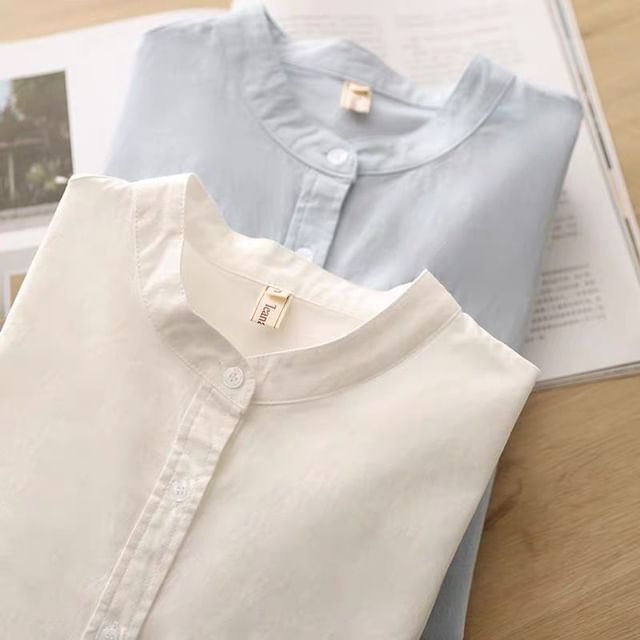 PANDAGO-Long-Sleeve Stand Collar Plain Shirt