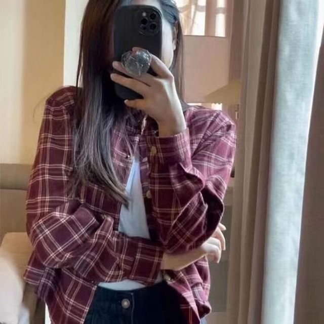 Everose-Collared Plaid Shirt