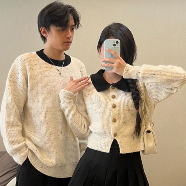 Azure Couple Matching Round Neck Two Tone Ribbed Sweater