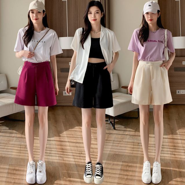 Sienne-Elastic Waist Plain Dress Shorts