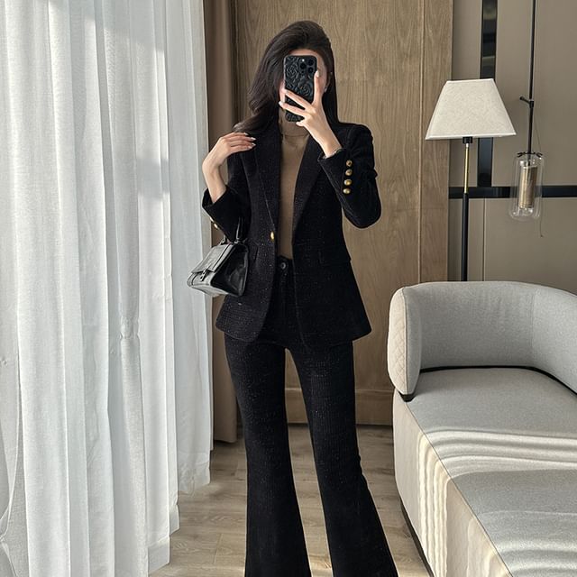 Skyheart-Lapel Collar Tweed Single Button Blazer Mid Rise Plain Flared Dress Pants Set