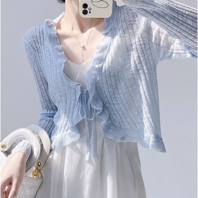 Shinsei - V-Neck Plain Ruffle Trim Tie Front Crop Cardigan | YesStyle