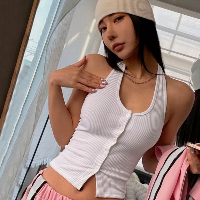 Rosesand-Halter Neck Plain Button-Up Slim-Fit Tank Top