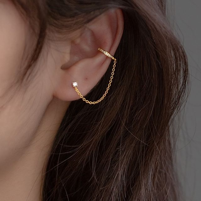 A-ROCH-S925 Sterling Silver Rhinestone Chained Ear Cuff