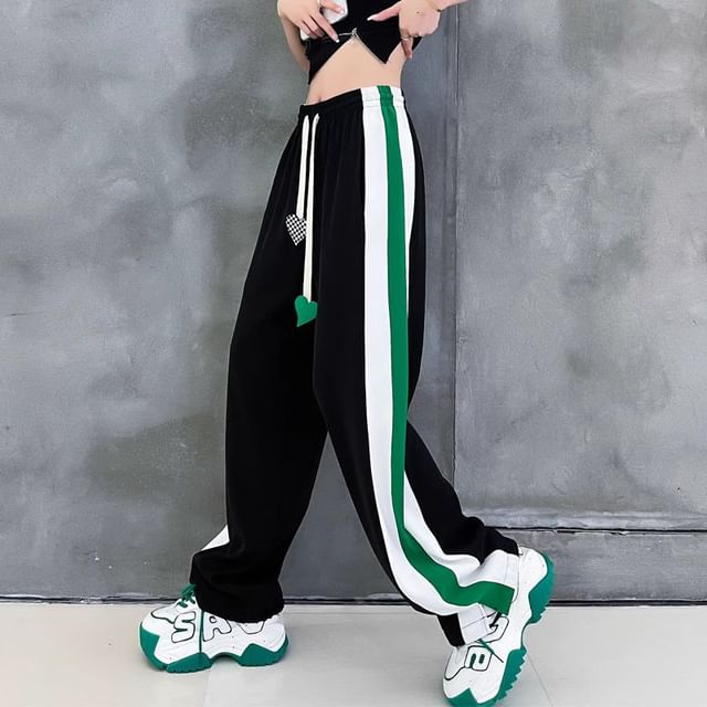 Fabricino-Drawstring Waist Striped Wide Leg Pants
