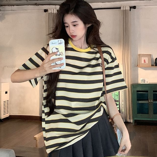 Racoon-Short Sleeve Round Neck Striped Tee