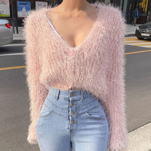 Coris-V-Neck Plain Cropped Cardigan