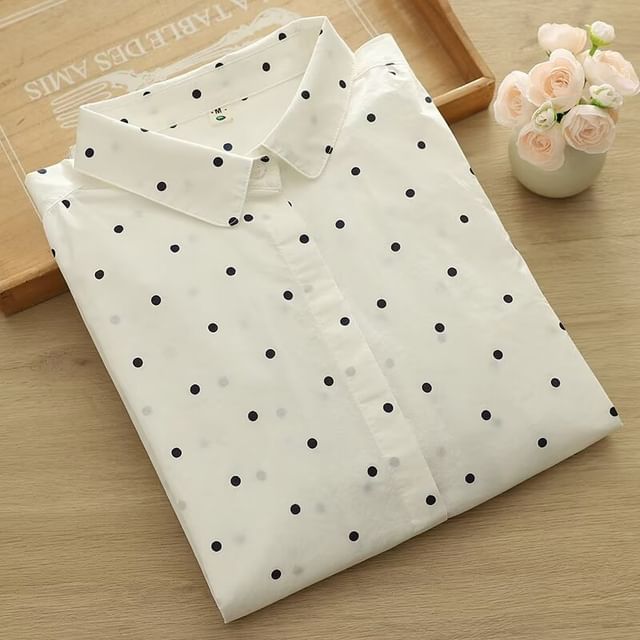 PANDAGO-Short-Sleeve Collared Dotted Button Up Shirt