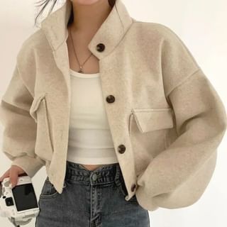 Omibayo-Stand Collar Plain Large Pocket Button Jacket
