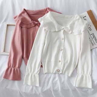 Peter Pan-Collar Ruffled Knit Cardigan 