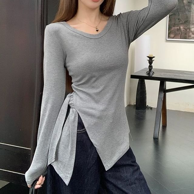 monroll-Long Sleeve Round Neck Plain Asymmetrical Tie-Up Tee
