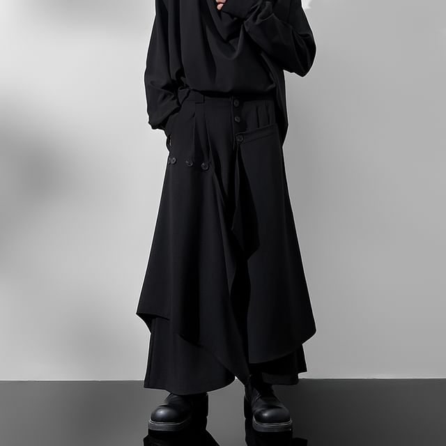 JUN-LEE-Mid Rise Plain Asymmetrical Buttoned Cropped Wide Leg Pants