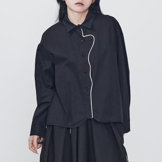 Ravenstem-Long-Sleeve Two Tone Asymmetrical Button Shirt