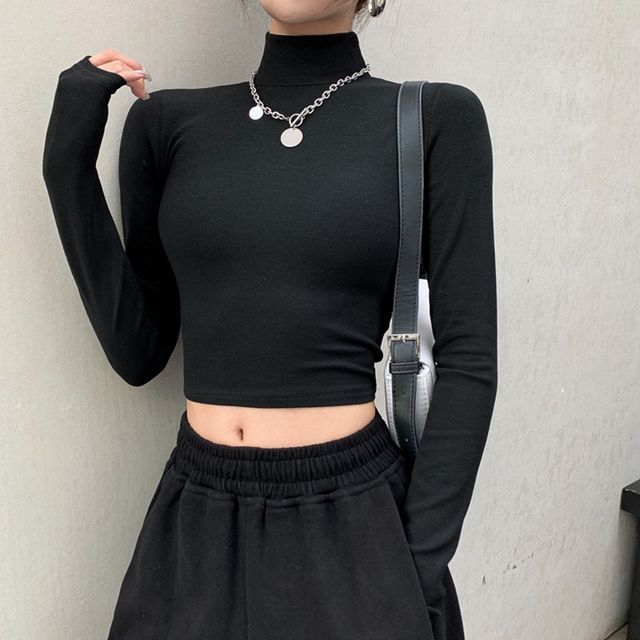 Yako-Long-Sleeve Mock-Turtleneck Plain Cropped Tee