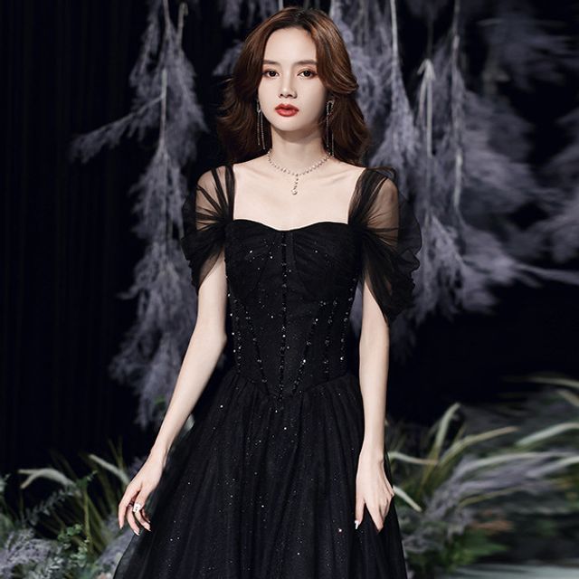 MSSBridal - Short-Sleeve Square Neck Mesh Evening Gown | YesStyle