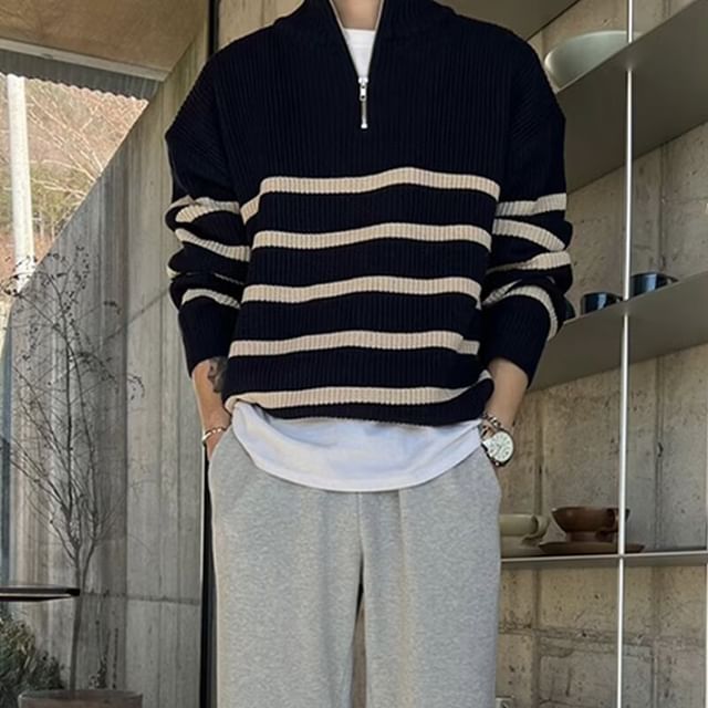 Double White-Turtleneck Half Zip Striped Sweater