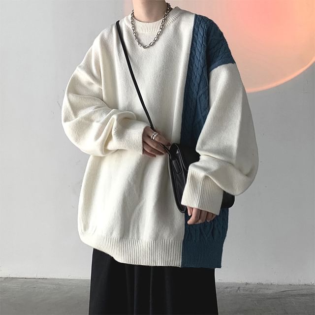 Lingaris-Crew Neck Two Tone Cable Knit Panel Sweater