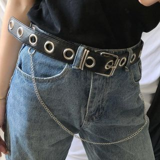 Double Grommet PU Leather Belt for Women Punk Style Jeans Belt with Detachable Chain