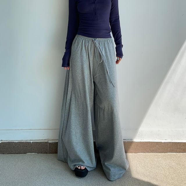 Colada-Drawstring Waist Plain Wide Leg Pants