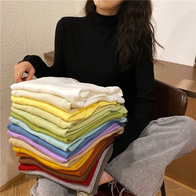 Moon City-Long-Sleeve Mock Neck Plain Knit Top