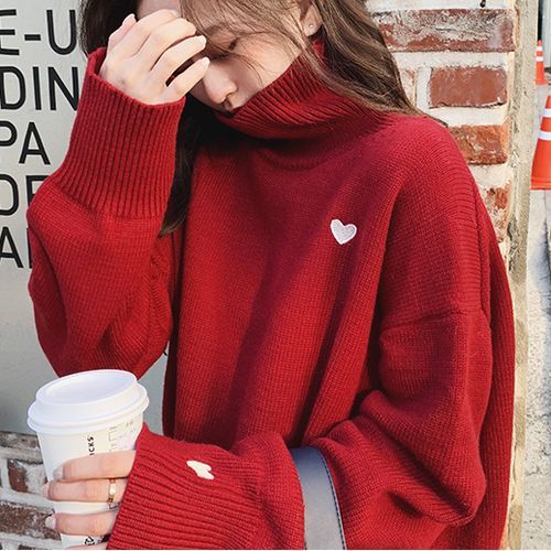 Puntino - Heart Embroidered Turtleneck Sweater | YesStyle