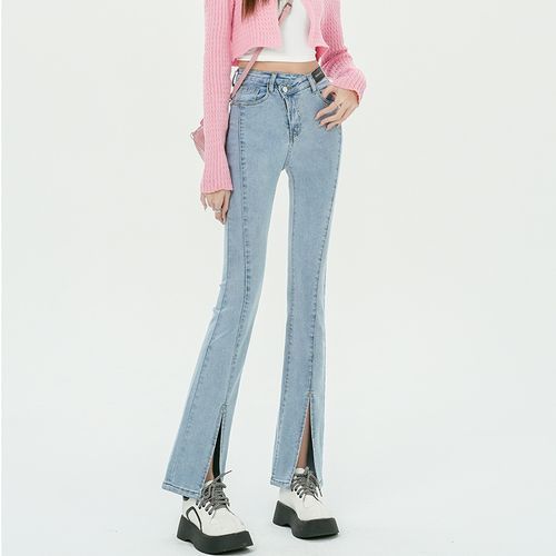 Asymmetrical Mid Waist Washed Slit Bootcut Jeans (Various Designs)