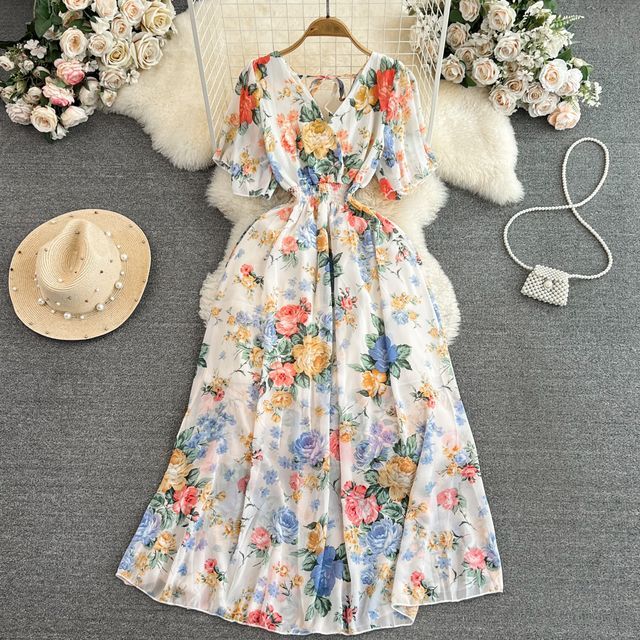 sachin and babi light blue dress Yearnin - Short Sleeve V-Neck Floral Print Chiffon Dress