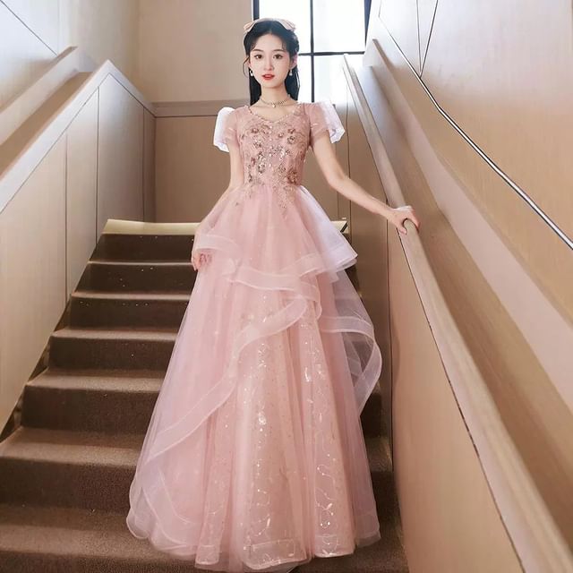 DreesHouse-Short-Sleeve Sequin Ruffle A-Line Evening Gown