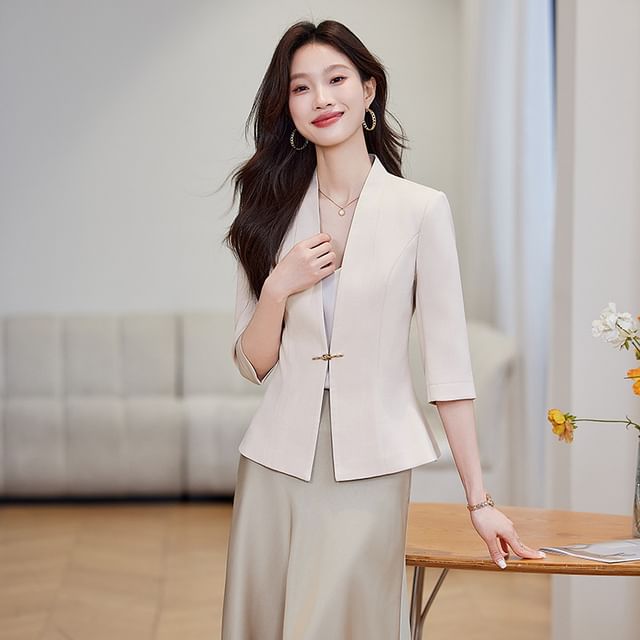 Skyheart-34-Sleeve V-Neck Plain Buckled Blazer