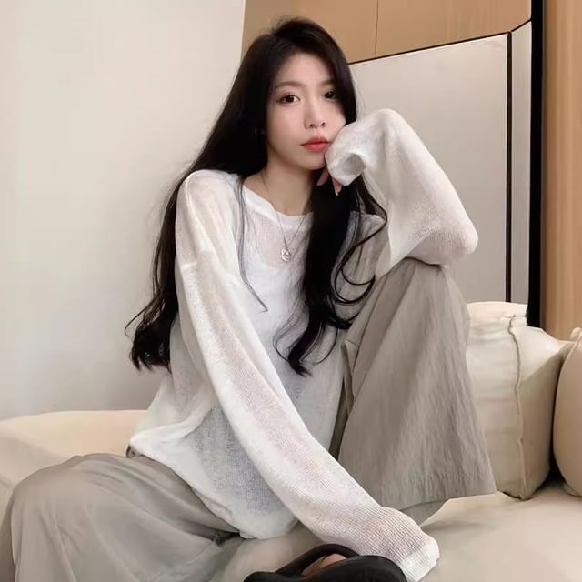 PERKARP-Crew Neck Long Sleeve Plain See-Through Tee