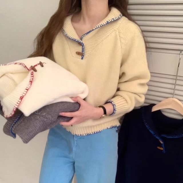 FR-Shawl Collar Contrast Stitch Sweater