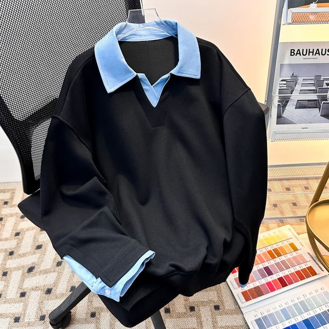 Plummie-Mock Two-Piece Long-Sleeve Two Tone Collared Sweatshirt