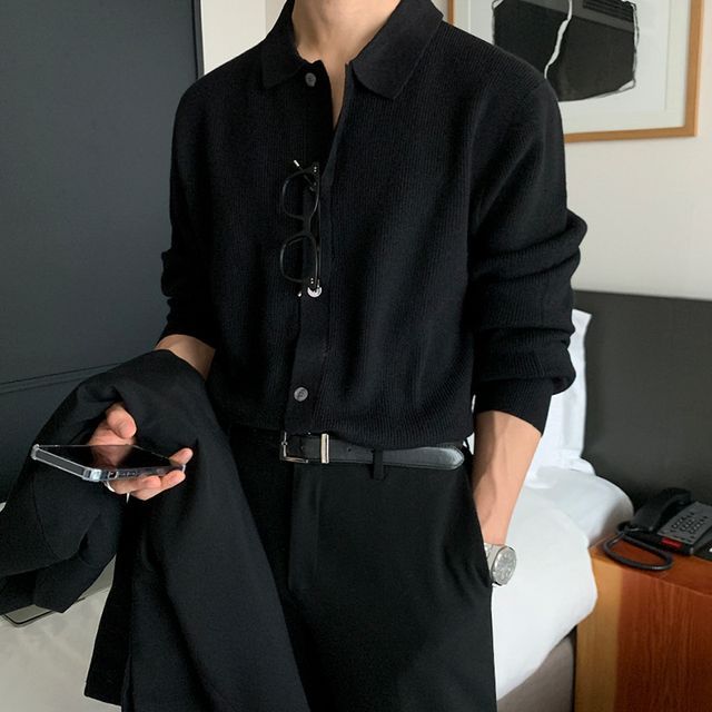 Omozando-Long-Sleeve Plain Knit Cardigan