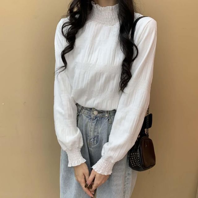 Sisyphi-Mock Neck Long Sleeve Plain Ruched Blouse