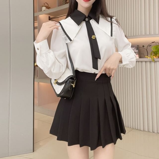 Woohan-Puff-Sleeve Contrast Trim Button-Up Shirt
