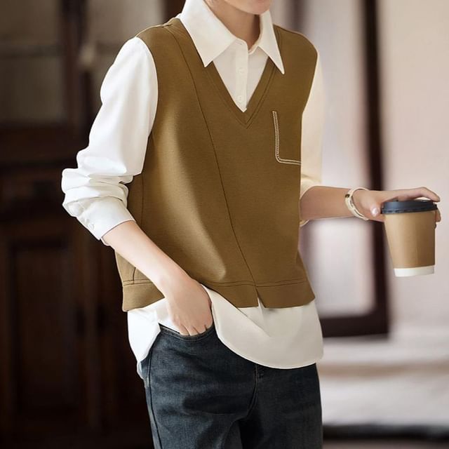 Jeonseon-Long Sleeve Collared Mock Two Piece Shirt