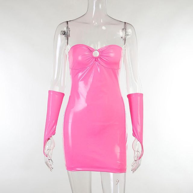 Solvor - Set: Strapless Faux Leather O-Ring Mini Bodycon Dress + Arm Sleeves | YesStyle Solvor - Set: Strapless Faux Leather O-Ring Mini Bodycon Dress + Arm Sleeves | YesStyle