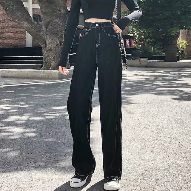 DREE High Waist Contrast Stitching Wide Leg Jeans YesStyle