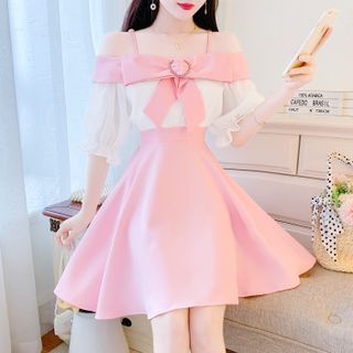 Petit Lace - Puff Sleeve Off-Shoulder Two-Tone Bow-Accent A-Line Dress ...